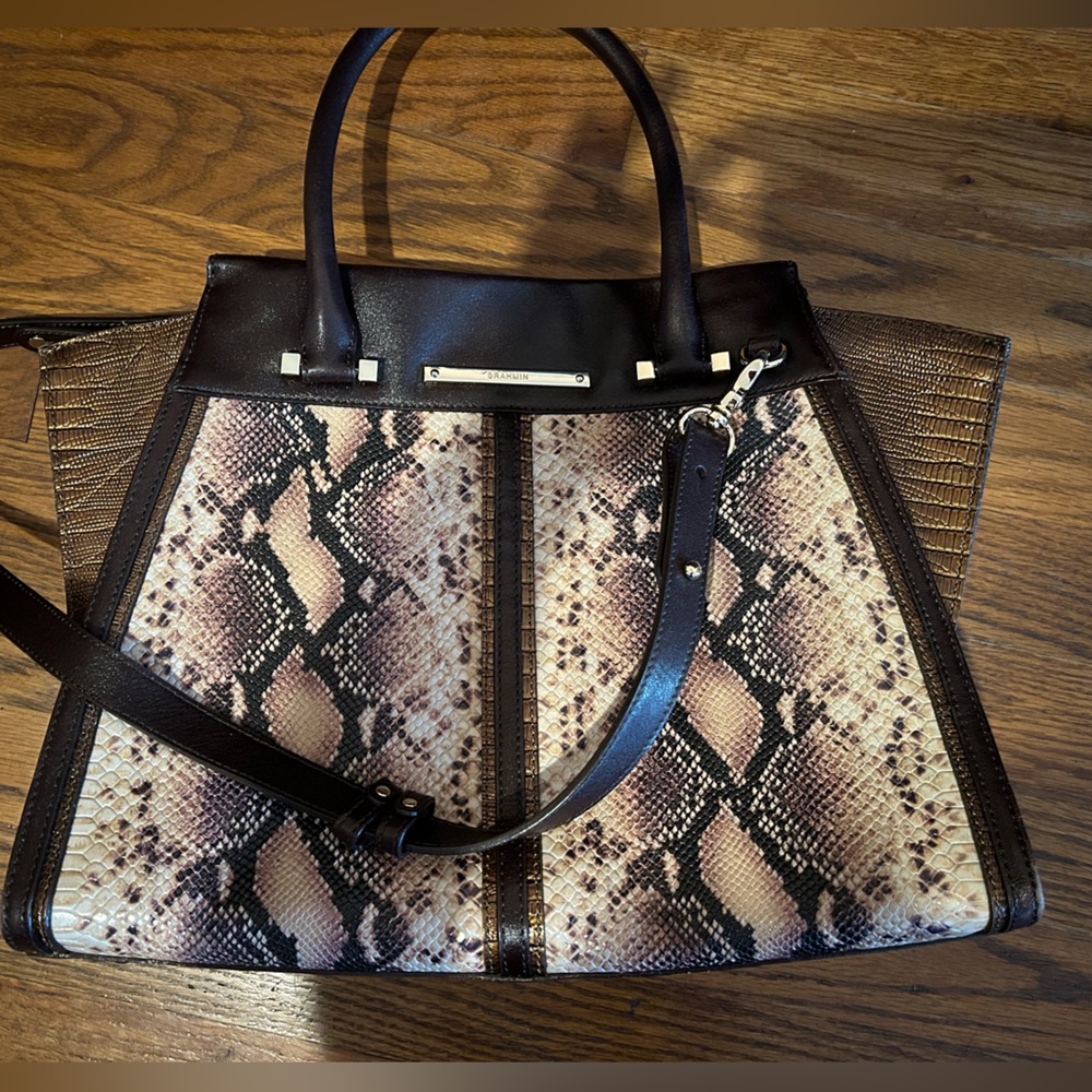 Snake-Print Tote Bag with Dark Brown Trim